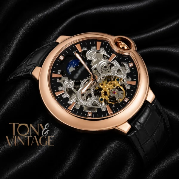 Ballon Bleu Moon Phase Rose Gold Watch With Skeleton Dial and Leather Strap 2 copy