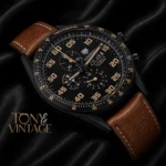 Black Chronograph Watch with Brown Leather Strap and Matching Dial