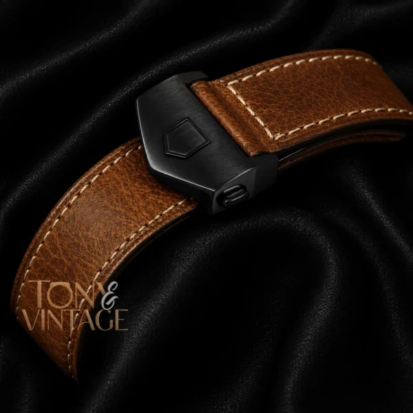 Black Chronograph Watch with Brown Leather Strap and Matching Dial