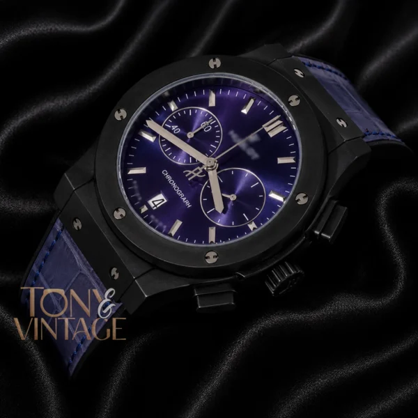 Chronograph Black Watch With Blue Dial and Blue Leather Strap