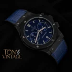 Chronograph Black Watch With Blue Dial and Blue Leather Strap