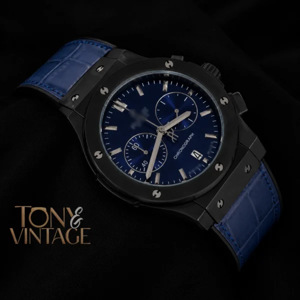 Chronograph Black Watch With Blue Dial and Blue Leather Strap 2 copy