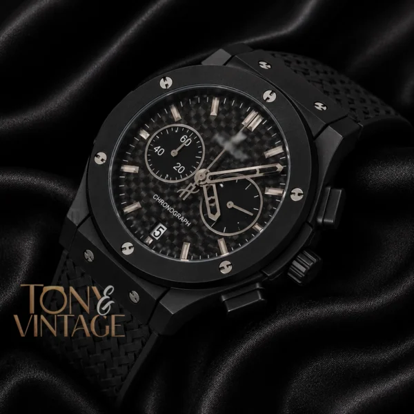 Chronograph Black Watch With Matching Dial and PVC Strap