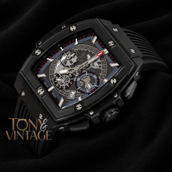 Chronograph Black Watch With Skeleton Dial and PVC Strap