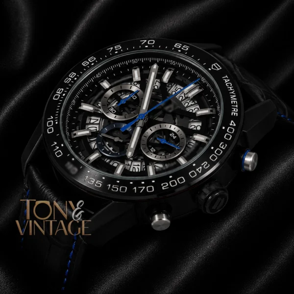Chronograph Black Watch with Skeleton Dial and Leather Strap