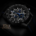 Chronograph Black Watch with Skeleton Dial and Leather Strap