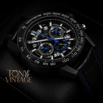 Chronograph Black Watch with Skeleton Dial and Leather Strap
