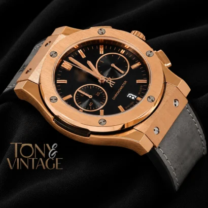 Chronograph Rose Gold Case With Black Dial & Grey Velvet Strap