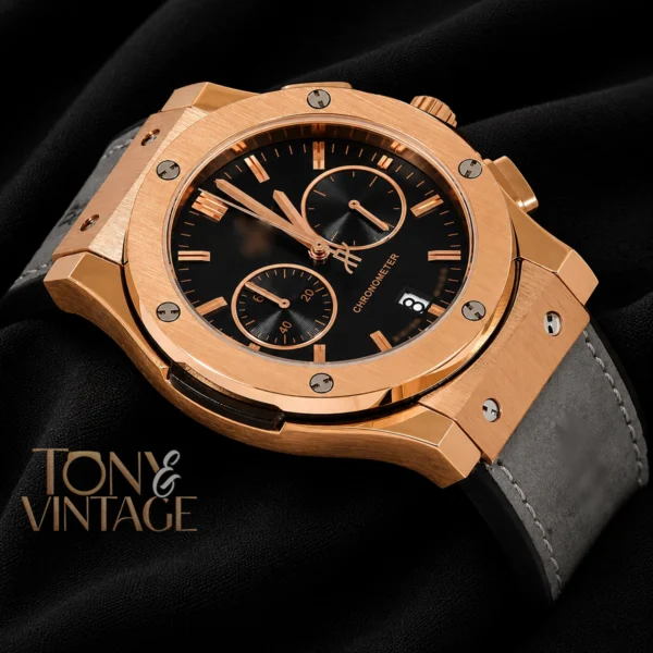 Chronograph Rose Gold Case With Black Dial & Grey Velvet Strap 2 copy