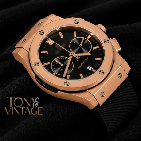 Chronograph Rose Gold Case With Black Dial & Rubber Strap 2 copy