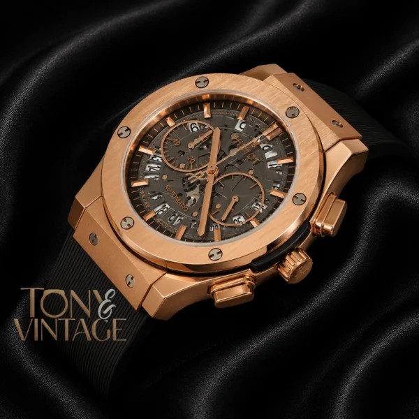 Chronograph Rose Gold Case With Brown Skeleton Dial & Black Rubber Strap