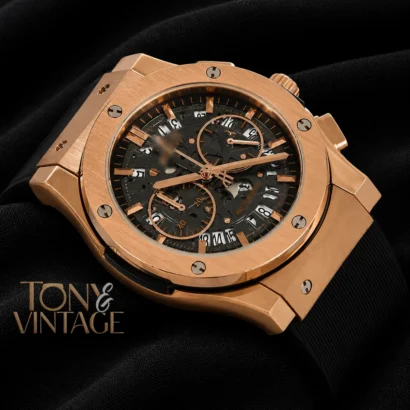 Chronograph Rose Gold Case With Brown Skeleton Dial & Black Rubber Strap