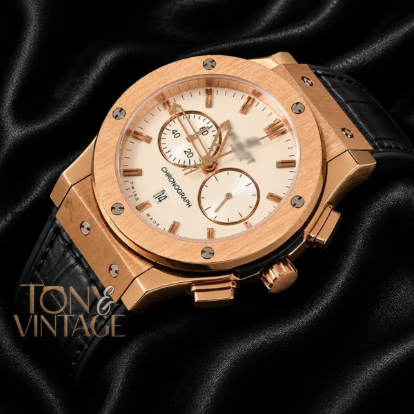 Chronograph Rose Gold Case With White Dial & Black Leather Strap