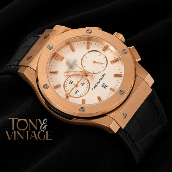 Chronograph Rose Gold Case With White Dial & Black Leather Strap 2 copy