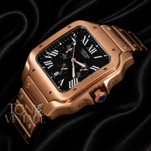 Chronograph Rose Gold Watch With Black Dial and Chain