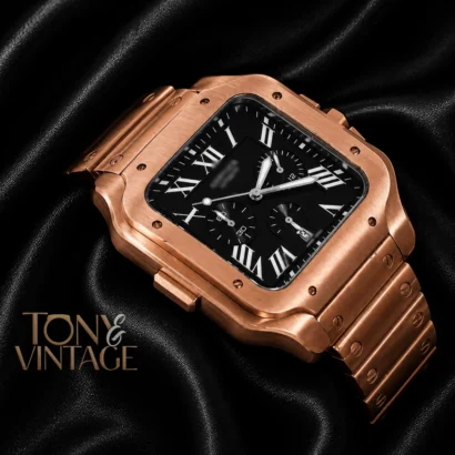 Chronograph Rose Gold Watch With Black Dial and Chain