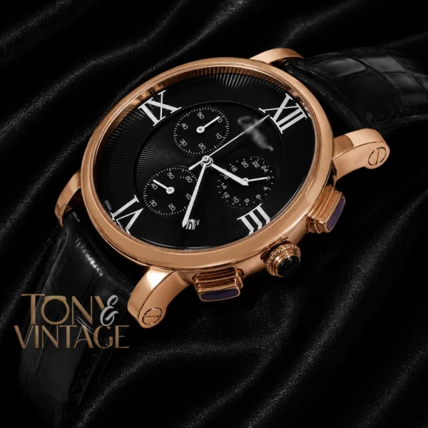 Chronograph Rose Gold Watch With Black Dial and Leather Strap for Men