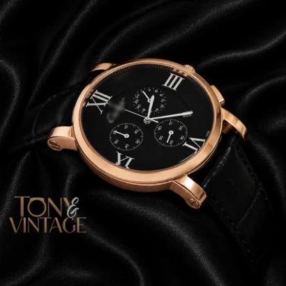 Chronograph Rose Gold Watch With Black Dial and Leather Strap for Men