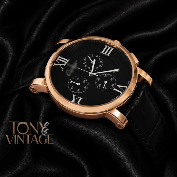Chronograph Rose Gold Watch With Black Dial and Leather Strap for Men 2 copy
