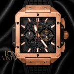 Chronograph Rose Gold Watch With Black Dial and PVC Strap