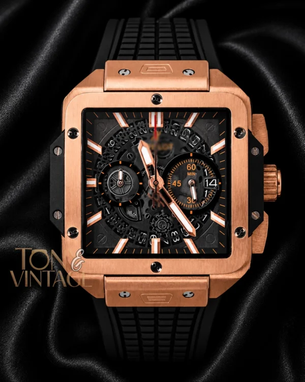 Chronograph Rose Gold Watch With Black Dial and PVC Strap 1 copy