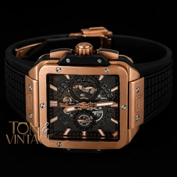 Chronograph Rose Gold Watch With Black Dial and PVC Strap