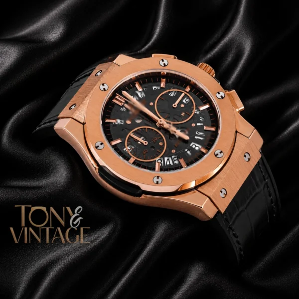 Chronograph Rose Gold Watch With Brown Skeleton Dial & Black Leather Strap 2 copy