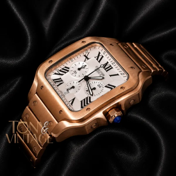 Chronograph Rose Gold Watch With Silver Dial and Chain