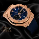 Chronograph Rose Gold Watch with Blue Dial and PVC Strap
