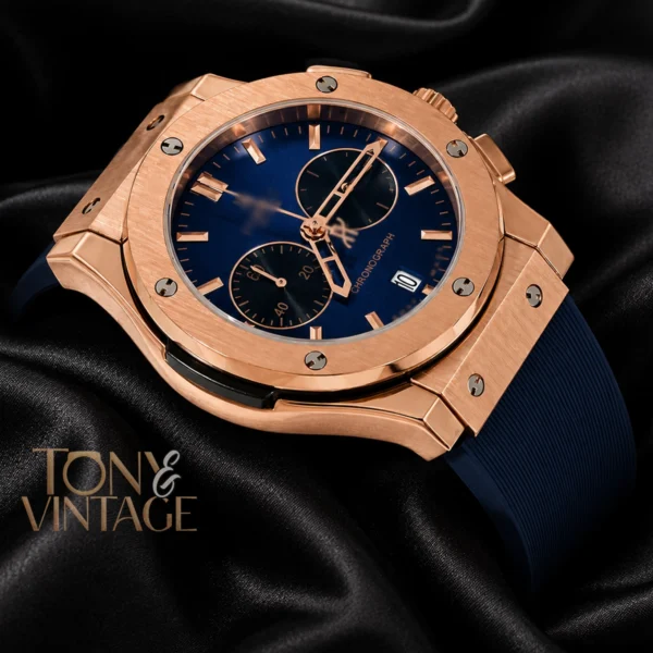 Chronograph Rose Gold Watch with Blue Dial and PVC Strap 1 copy