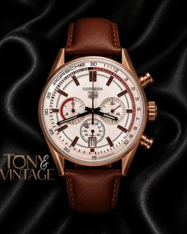 Chronograph Rose Gold Watch with Peach Dial and Brown Leather Strap1 copy