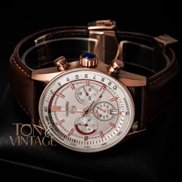 Chronograph Rose Gold Watch with Peach Dial and Brown Leather Strap