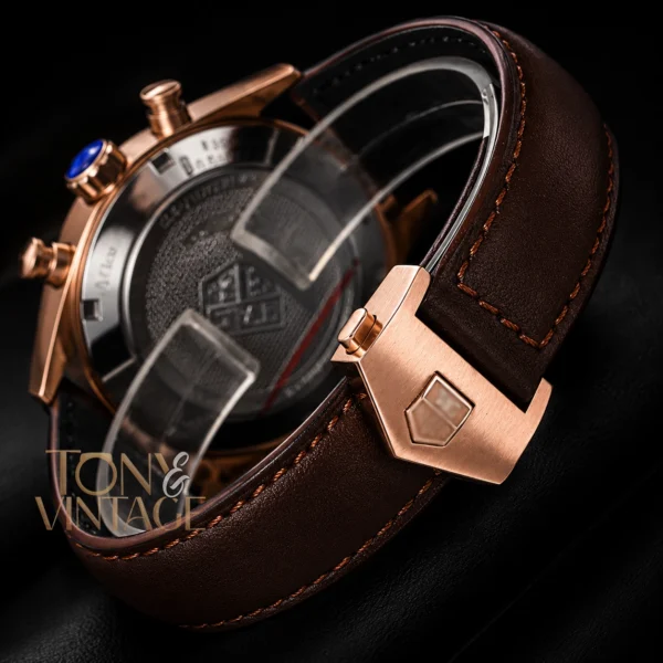 Chronograph Rose Gold Watch with Peach Dial and Brown Leather Strap