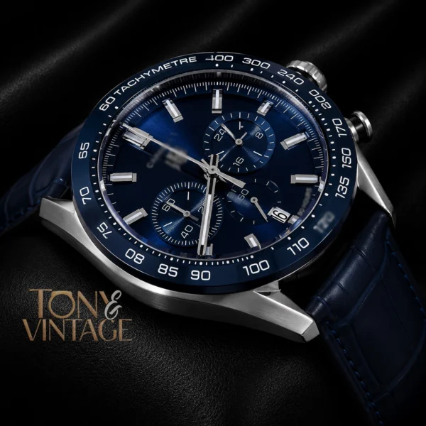 Chronograph Silver Case Watch with Deep Blue Dial, Bezel, and Leather Strap2 copy