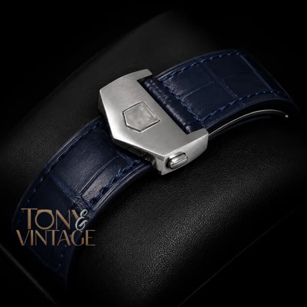 Chronograph Silver Case Watch with Deep Blue Dial, Bezel, and Leather Strap