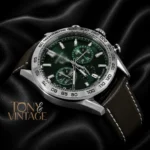 Chronograph Silver Case Watch with Deep Green Dial and Leather Strap