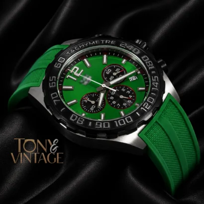 Chronograph Silver Case Watch with Green Dial and Strap