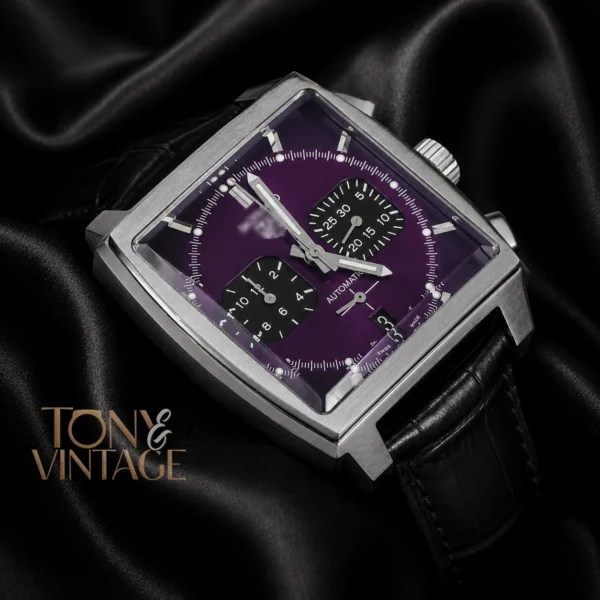Chronograph Silver Case Watch with Purple Dial and Leather Strap2 copy