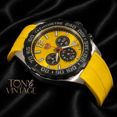 Chronograph Silver Case Watch with Yellow Dial and Strap