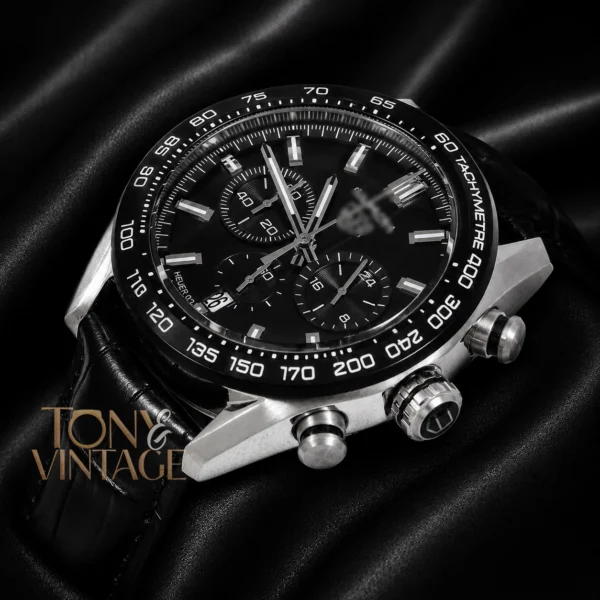 Chronograph Silver Case Watch with Black Dial, Bezel & Black Leather Strap