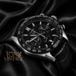 Chronograph Silver Case Watch with Black Dial, Bezel & Black Leather Strap