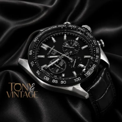 Chronograph Silver Case Watch with Black Dial, Bezel & Black Leather Strap