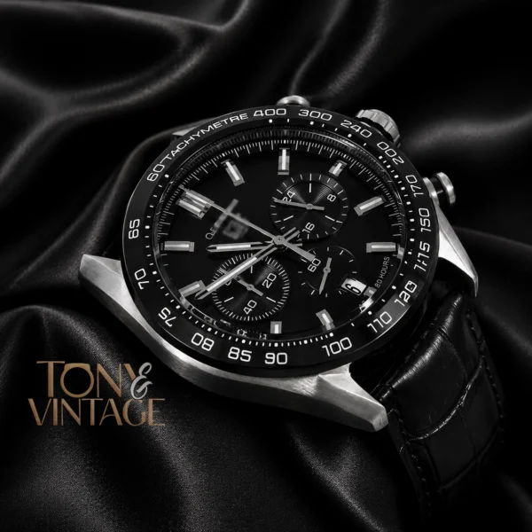 Chronograph Silver Case with Black Dial, Bezel, and Leather Strap Watch2a copy