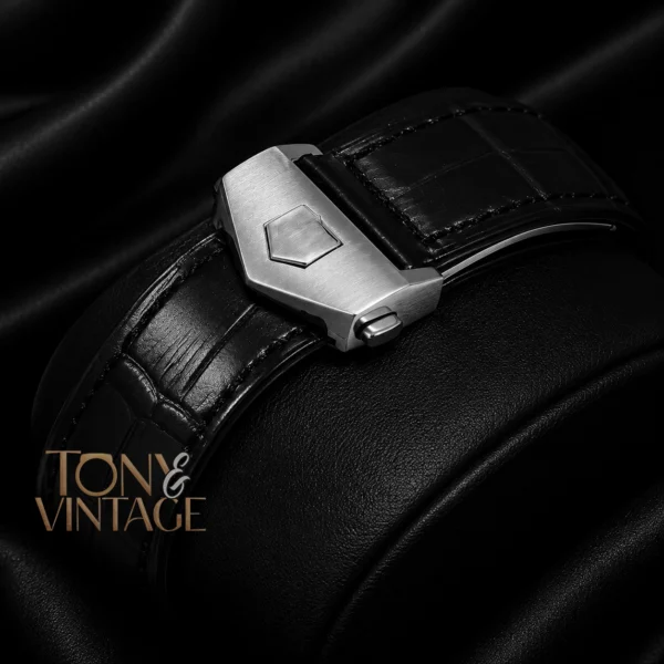 Chronograph Silver Case Watch with Black Dial, Bezel & Black Leather Strap