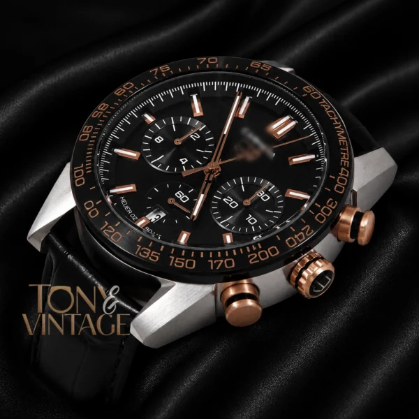 Chronograph Silver Case with Black Dial and Black Leather Strap Watch