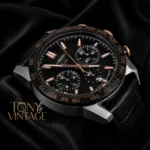 Chronograph Silver Case with Black Dial and Black Leather Strap Watch