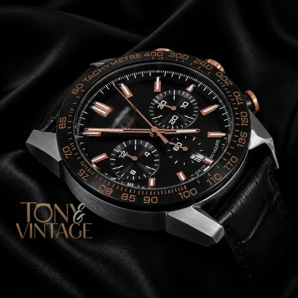 Chronograph Silver Case with Black Dial and Black Leather Strap Watch2 copy