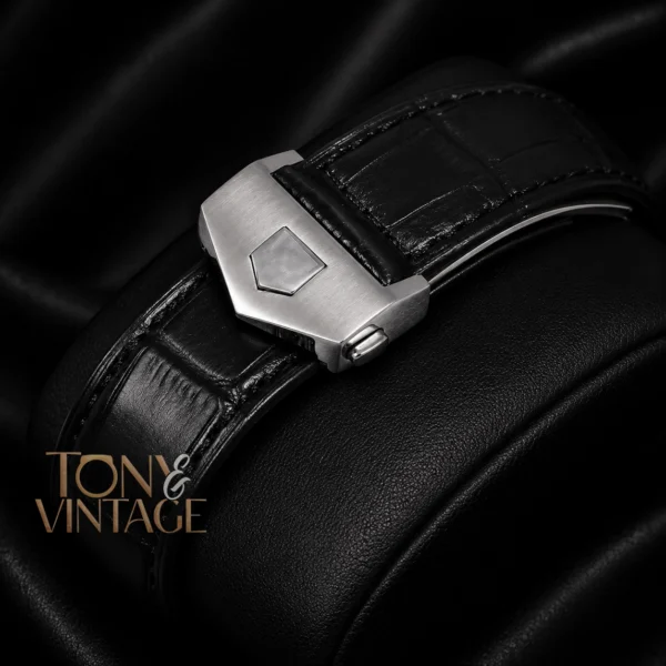 Chronograph Silver Case with Black Dial and Black Leather Strap Watch