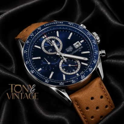 Chronograph Silver Case with Blue Dial & Brown Leather Strap Watch