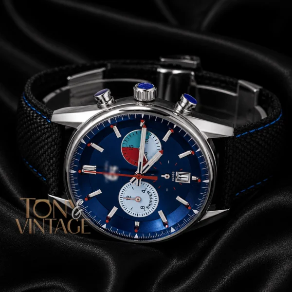 Chronograph Silver Case with Blue Dial and Black Leather Strap Watch